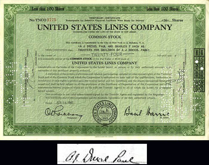 United States Lines Co.- signed by A.J. Drexel Paul - Shipping Stock Certificate